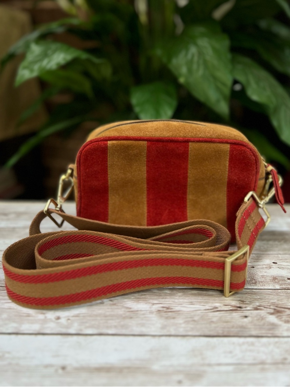 Cute Boden Striped Red and Tan Suede Crossbody/ Convertible Bag